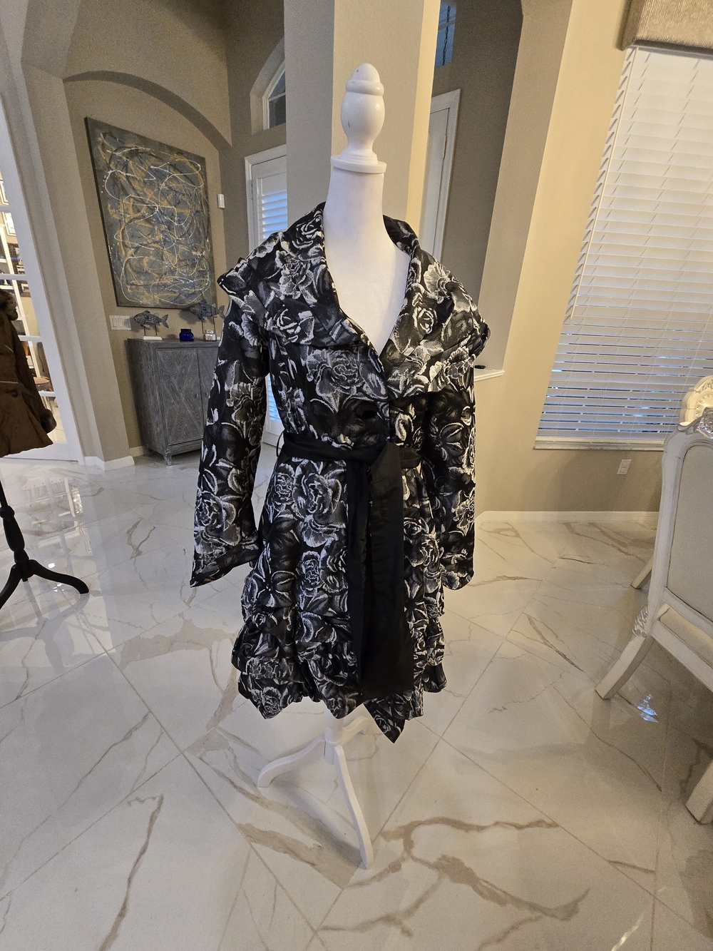 Black & White Floral Belted Pea Coat